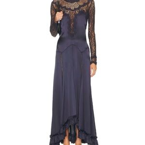 Isabel Marant Navy Long-Sleeve Lace-Top Satin Maxi Dress Sz 36 $1,995